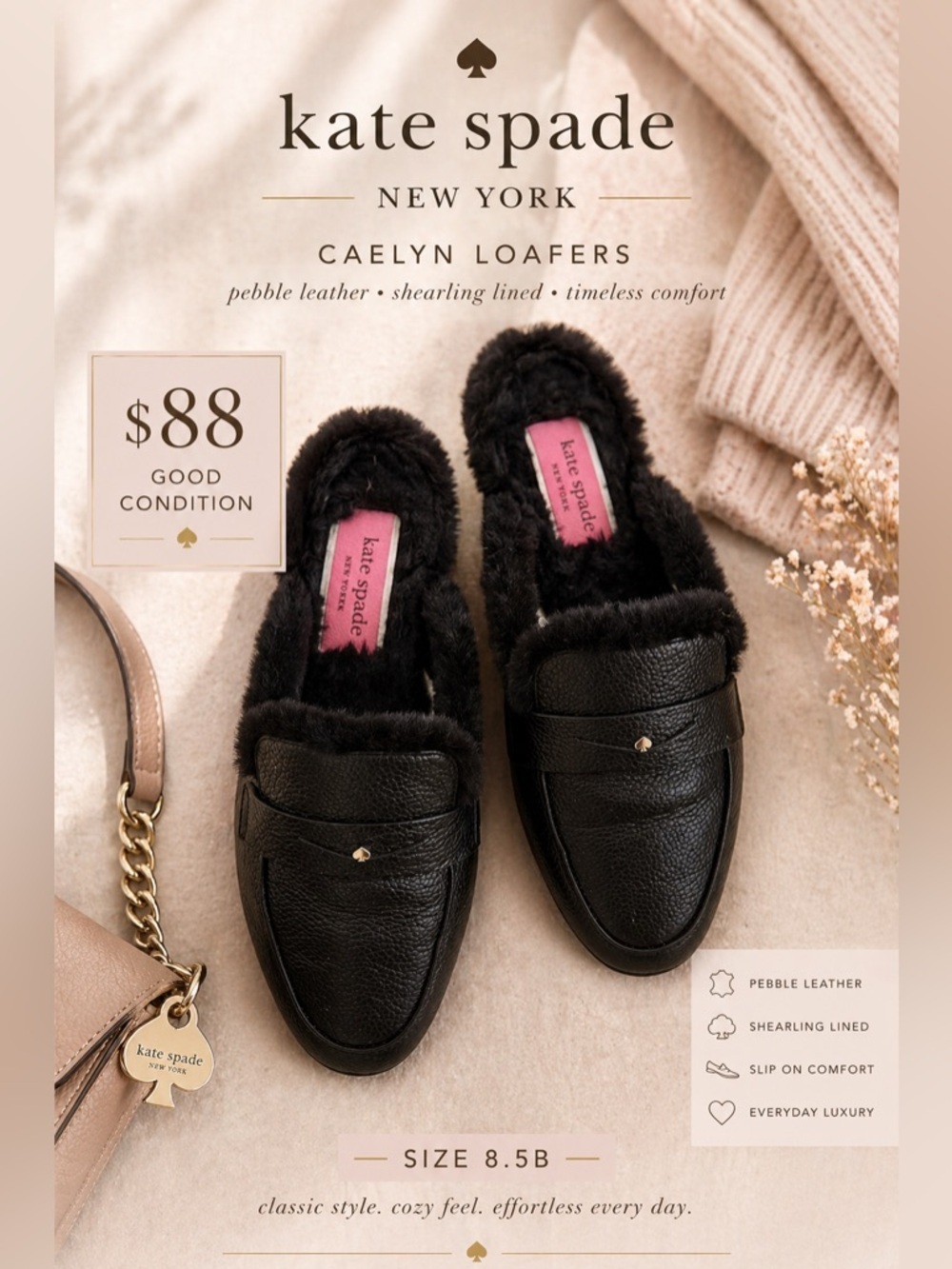 Kate Spade Caelyn Black Pebble Leather Shearling Lined Loafers 8.5